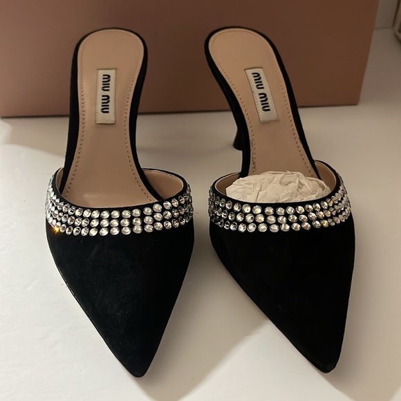 Miu Miu Women’s Crystal-Embellished Mid-Heel Mules Size 36/6 - Picture 2 of 8